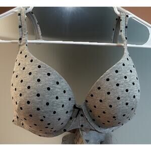Cacique Lightly Lined T Shirt Bra Gray with Black Polka Dots 42 C Jersey Bow